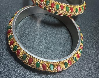 Ornate Gold Tone Indian Bangles – Red & Green Stone Kangan Bracelets