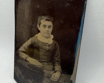 Antique Tintype Photo: Serious Young Victorian Girl Seated, Crucifix Necklace