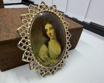 Vintage Victorian Revival Portrait Brooch Pendant Gold Tone Filigree Lady 1960s