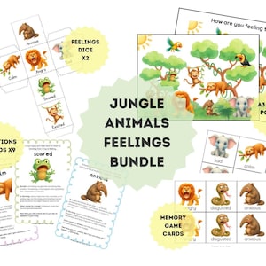 May include: A collection of educational resources with jungle animal illustrations, focusing on emotions. Includes posters, emotion cards, dice, and memory game cards. The text "Jungle Animals Feelings Bundle" is visible.