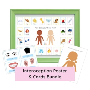 May include: A green framed poster and card bundle with the text "How does your body feel?" and "Interoception Poster & Cards Bundle". The poster has illustrations of body feelings. Additional cards show body parts and feelings.
