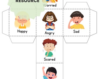 May include: Printable resource for teaching emotions. The cube features six different emotions: happy, angry, sad, worried, scared, and excited. Each emotion is represented by a cartoon illustration of a child.