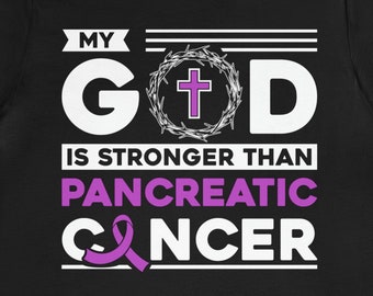 Bauchspeicheldrüsenkrebs-Aufklärungs-T-Shirt: God is Stronger, Purple Ribbon Support