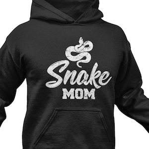 May include: Black hooded sweatshirt with a white snake graphic and the text "Snake Mom" in a distressed font.