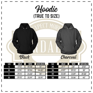 May include: Size chart for a hoodie in black and charcoal. The chart shows the length, width, and sleeve length in inches for sizes S through 5XL.