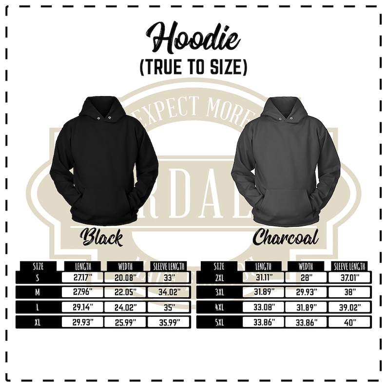 May include: Size chart for a hoodie in black and charcoal. The chart shows the length, width, and sleeve length in inches for sizes S through 5XL.