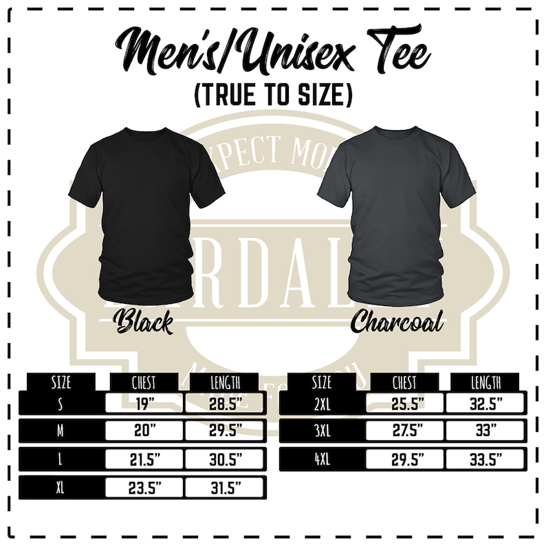 May include: Size chart for a unisex tee shirt in black and charcoal. The chart shows chest and length measurements in inches for sizes S, M, L, XL, 2XL, 3XL, and 4XL.