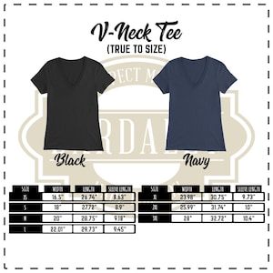 May include: A size chart for a V-neck tee shirt. The chart shows the width, length, and sleeve length in inches for sizes XS to 3XL. The shirt is available in black and navy.