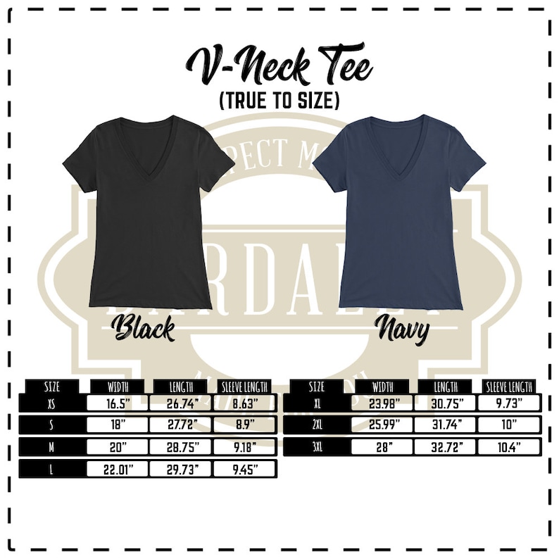 May include: A size chart for a V-neck tee shirt. The chart shows the width, length, and sleeve length in inches for sizes XS to 3XL. The shirt is available in black and navy.