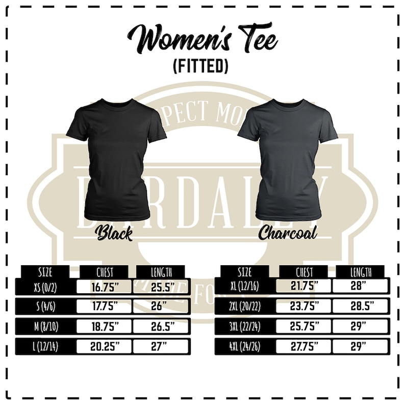 May include: Size chart for a women's fitted tee shirt in black and charcoal. The chart shows the chest and length measurements in inches for sizes XS to 4XL.