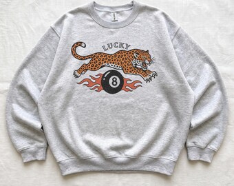 Lucky Leopard Sweatshirt, Traditional Tattoo 8 Ball Crewneck, Grunge Western Streetwear