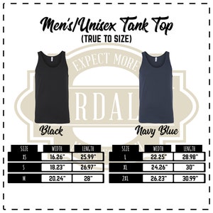 May include: Size chart for a black and navy blue tank top. The chart shows the size, width, and length in inches for sizes XS, S, M, L, XL, and 2XL.