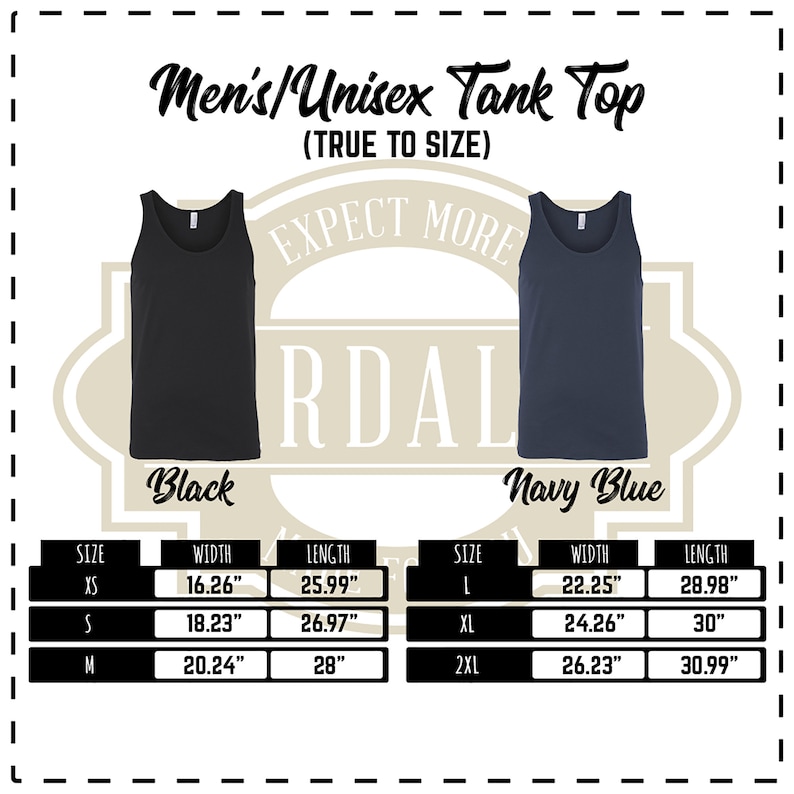 May include: Size chart for a black and navy blue tank top. The chart shows the size, width, and length in inches for sizes XS, S, M, L, XL, and 2XL.