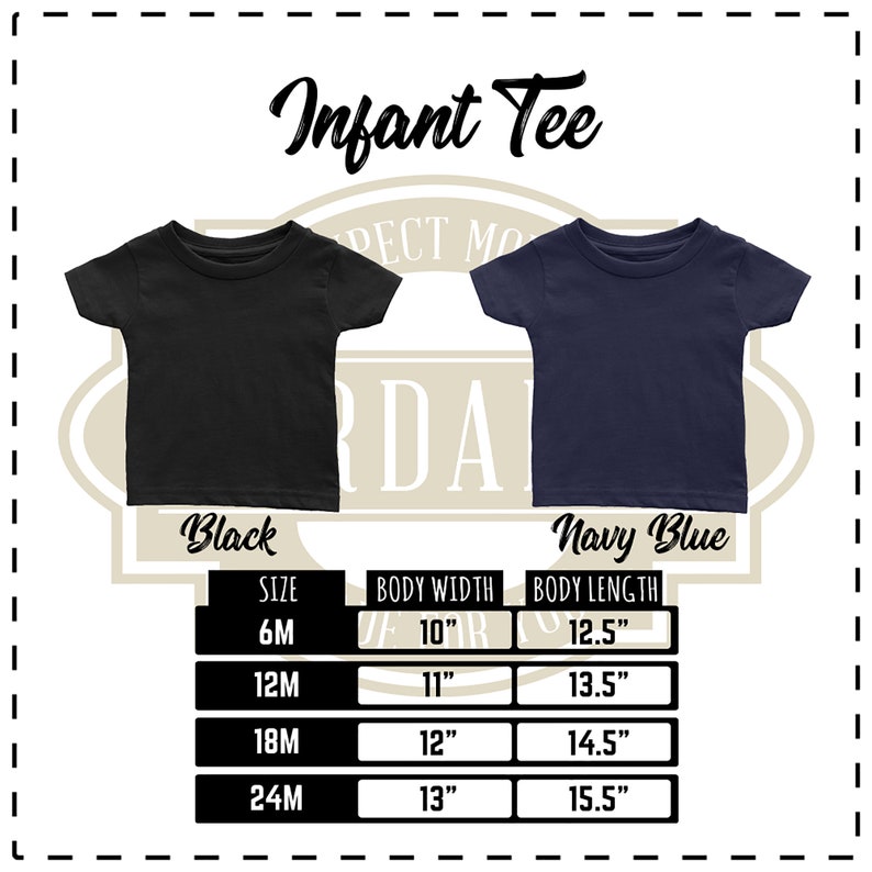 Puede incluir: Tabla de tallas de camiseta para beb&eacute; con medidas en pulgadas. La tabla muestra la talla, el ancho del cuerpo y la longitud del cuerpo para las tallas 6M, 12M, 18M y 24M. Las camisetas est&aacute;n disponibles en negro y azul marino.