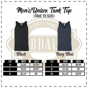 May include: Size chart for a black and navy blue tank top. The chart shows the size, width, and length in inches for sizes XS, S, M, L, XL, and 2XL.