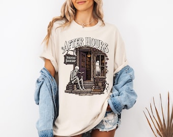 Haunted Bookstore Shirt, After Hours Skeleton Reading Tee, Spooky Bookish Shirt, Book Lover Gift