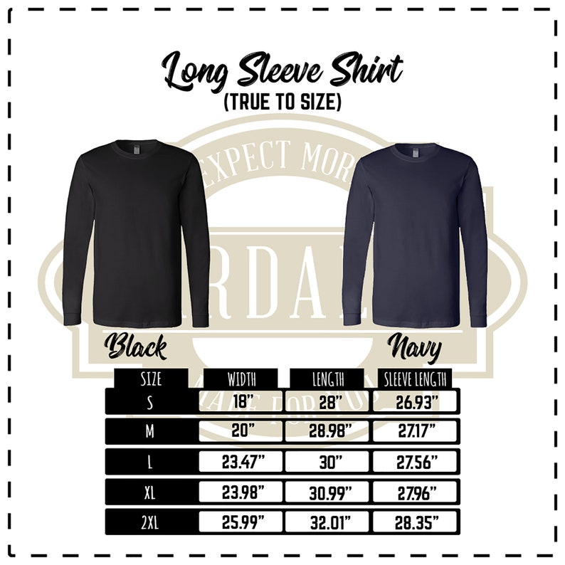 May include: A size chart for a long-sleeve shirt in black and navy. The chart shows the size, width, length, and sleeve length in inches.