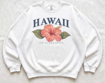 Hibiscus Sweatshirt, Hawaii Aloha State Crewneck, Vintage Tropical Flower Pullover