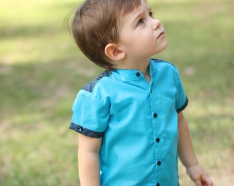 Toddler boy clothes, boy toddler clothes, toddler gift, baby boy outfit, boy clothes, boy shorts, blue short sleeve shirt, ethnic fabric