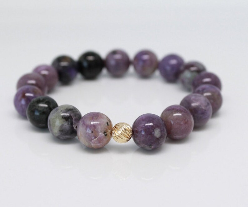 10mm Charoite Beaded Bracelet with 14K Solid Gold Corrugated Bead