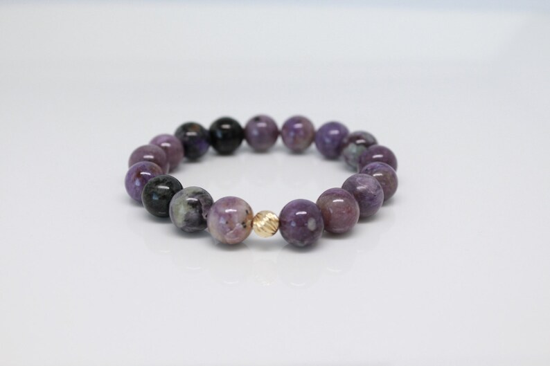 10mm Charoite Beaded Bracelet with 14K Solid Gold Corrugated Bead
