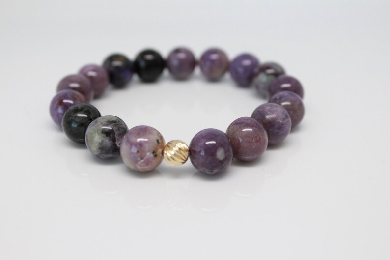 10mm Charoite Beaded Bracelet with 14K Solid Gold Corrugated Bead