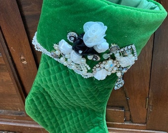 CLEARANCE WAS 38 Victorian style Christmas Stockings-Old World Charm-Christmas Green Velvet Rhinestones-Pearls-Ribbon Roses-Antique Buttons