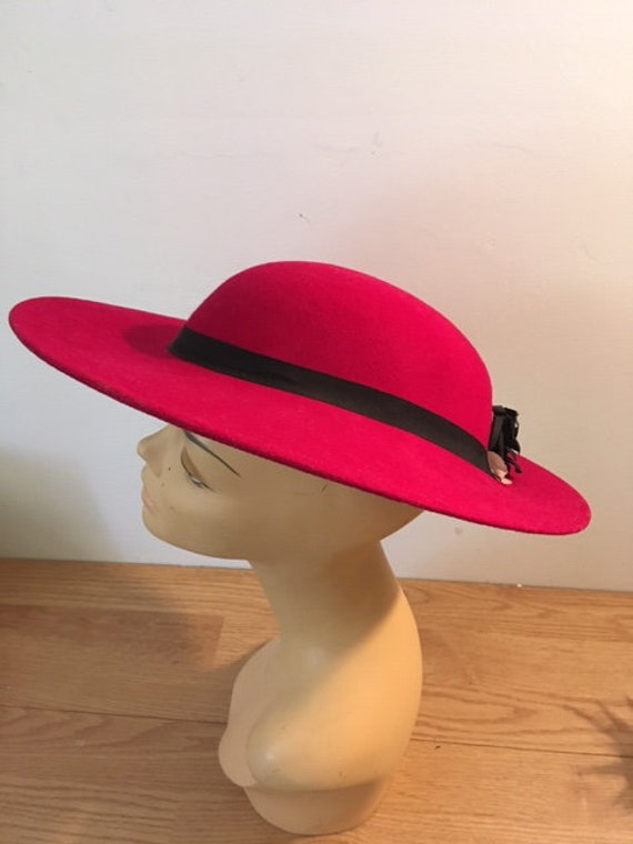 Vintage Wool Hat 60s 70s 80s Magenta with Black F… - image 2