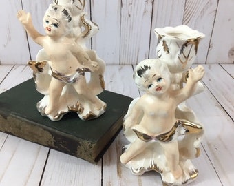 Vintage Pair of Angel Candle Holders 1950's/Cherabum/Hollywood Regency/Victorian/Shabby Chic/Romantic cottage