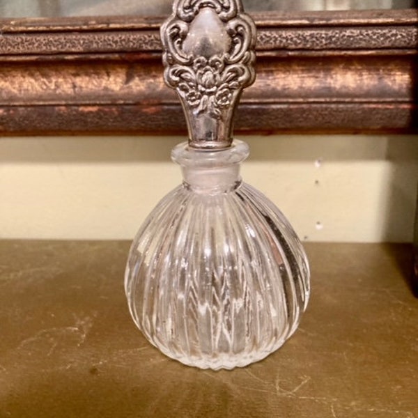 Vintage ornate glass perfume bottle With Fancy Silver Plated Top/Dresser Bottle/Victorian Style/Romantic/Dressing Table/Cottage Chic