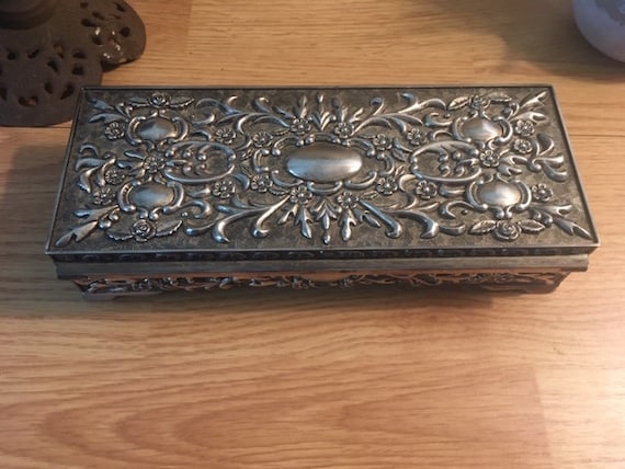 Vintage French Jewelry Box/Silver Plated/Red Linin