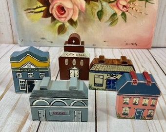 VTG 6-Piece Hand Made Folk Art Style Wooden Village Set, Wood Village Set with House,Library City Hall etc.
