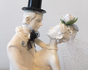Was 49.95 Wedding Cake Topper- Formal Affair- 50th-Cameo-Black White Flowers-Top Hat Bridal Veil- Bouquet OOAK -First Couple Dance