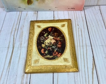 Vtg Gold Gilt Tole FLORENTINE Framed Cabbage Roses Flowers Floral Bouquet Still Life Print Shabby Wood Plaque, Made Italy