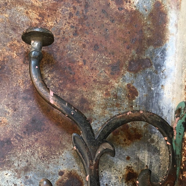 Antique Hat and Coat Hooks; Set of Three; Japanned Copper; Antique Patina