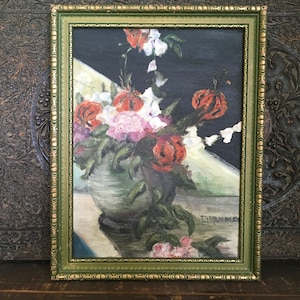 Still life Floral; Oil on Board in Vintage Frame, Original Painting, Red Flowers in Vase, Artistic Wall Decor