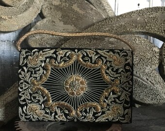VINTAGE ZARDOZI CLUTCH \u2022 Evening bag \u2022 Beaded purse \u2022 1930s Indian Vintage \u2022 Semi Prescious Stones \u2022 Embellished crossbody \u2022 Black Velvet