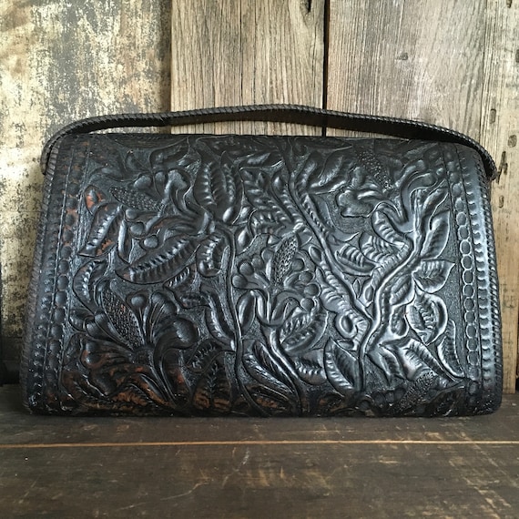 Antique Tooled Leather Bag, Artisan Leather, Hand… - image 2