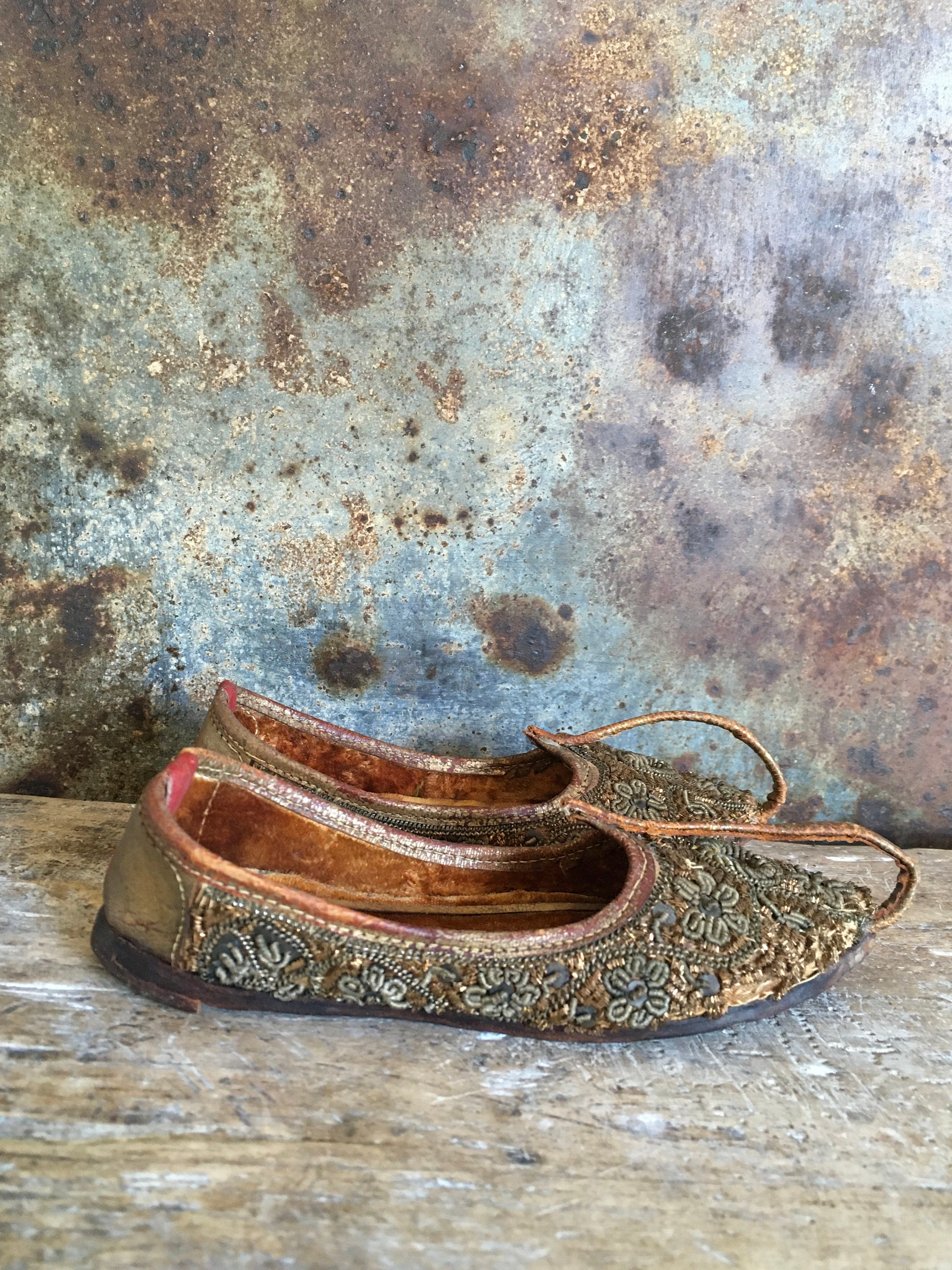 Antique Raj Hand Embroidered Slipper Shoes, Child’s Shoes, Hand Cobbled ...