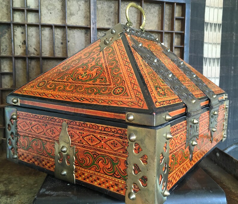 Vintage Dowry Box Hand Painted Keepsake Box Brass Hardware Etsy