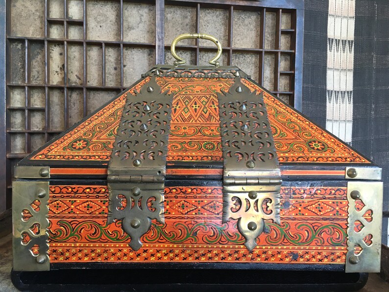 Vintage Dowry Box Hand Painted Keepsake Box Brass Hardware Etsy