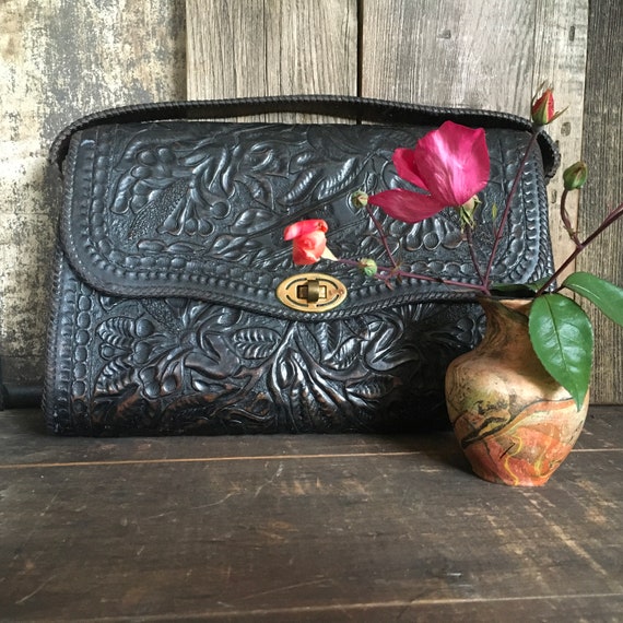 Antique Tooled Leather Bag, Artisan Leather, Hand… - image 3