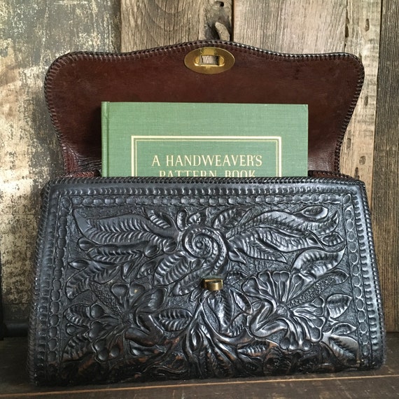 Antique Tooled Leather Bag, Artisan Leather, Hand… - image 7