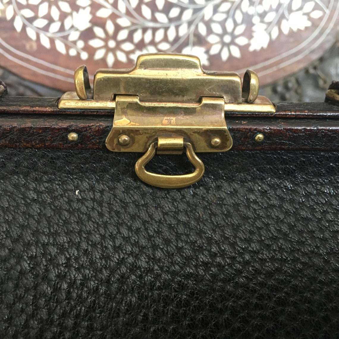 Antique Victorian/edwardian Handbag, Brass Hardware, 1900s, Seal Grain