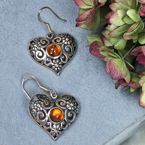 Sterling Silver Valerio Baltic Amber Heart Dangle Earrings