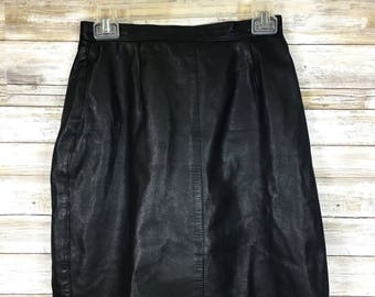 Vintage 1980s Bagatelle Black Soft Leather Pencil Straight Skirt