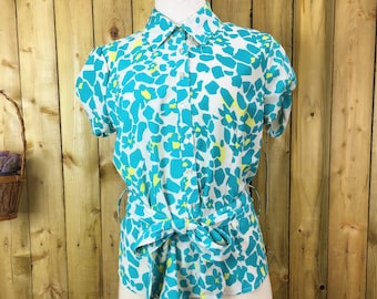 Vintage NWT Deadstock 90s Y2K Unique Spectrum Teal Retro Floral Belted Blouse Medium