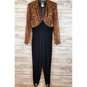 Vintage 80&#39;s 90&#39;s Ginger Bort Leopard Print Black Stirrup Pant Jumper Made in the USA Size 8