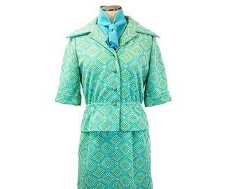 Vintage 50s/60s Leslie Fay Shift Dress with Jacket Baby Blue Green Diamond High Collar Mod Shift Dress