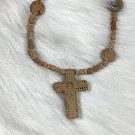 Vintage Clay Bead Cross Necklace 23" - image 4